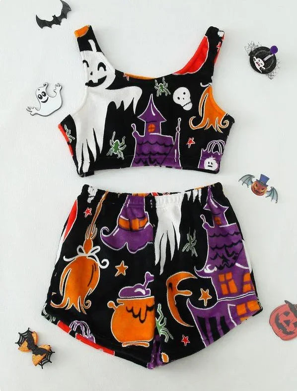 Two-piece Halloween-themed crop top and shorts set with colorful spooky print, soft fabric, relaxed fit