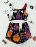 Two-piece Halloween-themed crop top and shorts set with colorful spooky print, soft fabric, relaxed fit