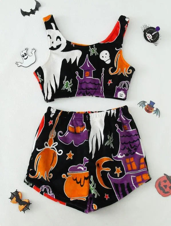 Two-piece Halloween-themed crop top and shorts set with colorful spooky print, soft fabric, relaxed fit