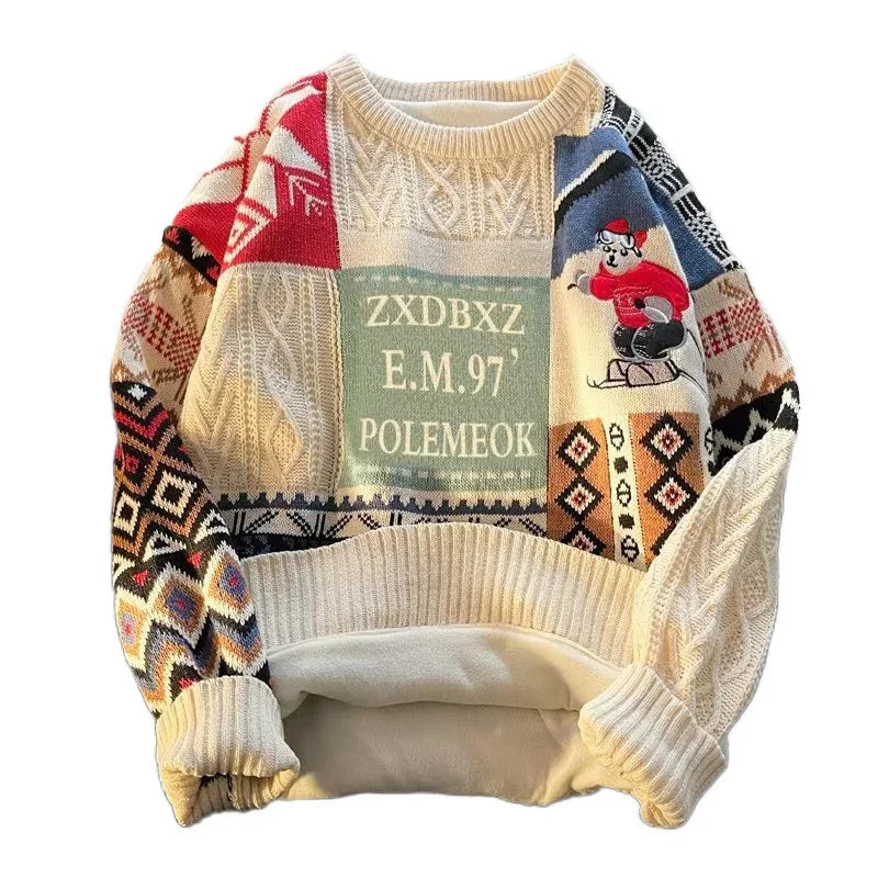 Colorful patchwork knit sweater with geometric patterns, cartoon graphic, relaxed fit