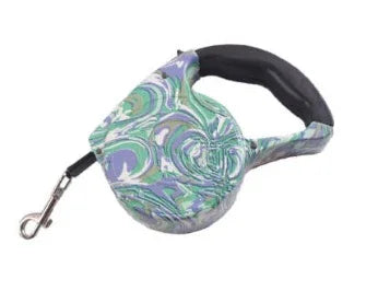 Retractable pet leash with green, blue, and white marble pattern and ergonomic handle.