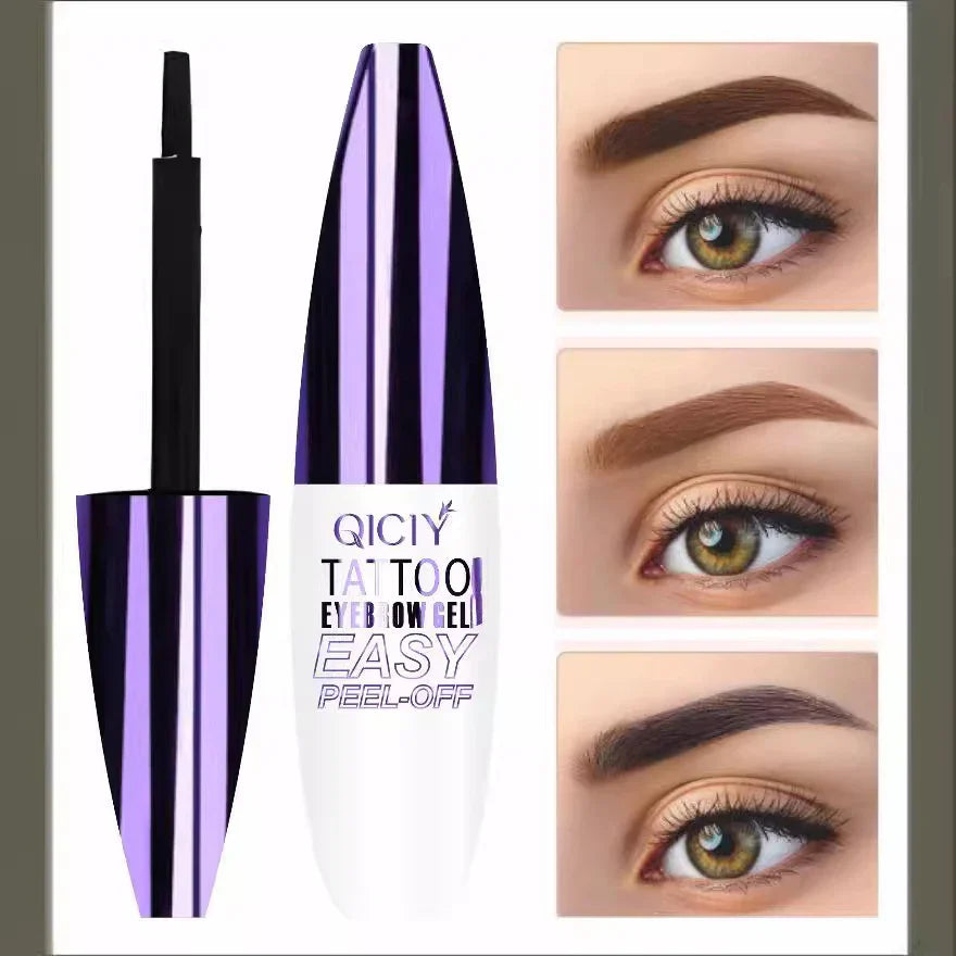 Peel-off eyebrow gel with applicator, showing before and after natural defined brows.