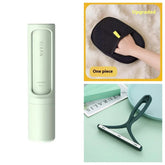 Minimalist lint remover, black mesh cleaning glove, and plastic scraper tool for clothing care