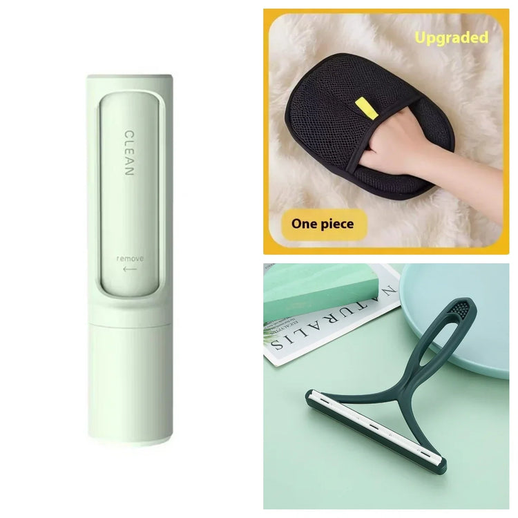 Minimalist lint remover, black mesh cleaning glove, and plastic scraper tool for clothing care
