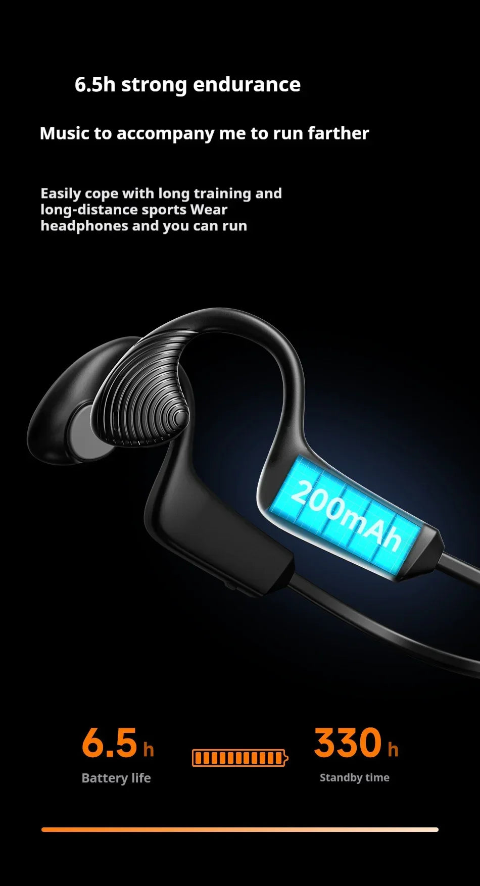 Black sport wireless headphones with 200mAh battery, ergonomic fit, 6.5h battery life.