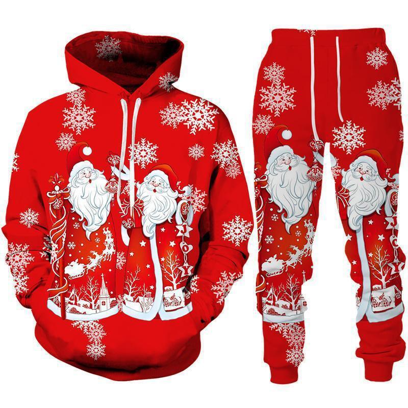 Red Christmas tracksuit with Santa Claus and snowflake print, relaxed fit, soft material