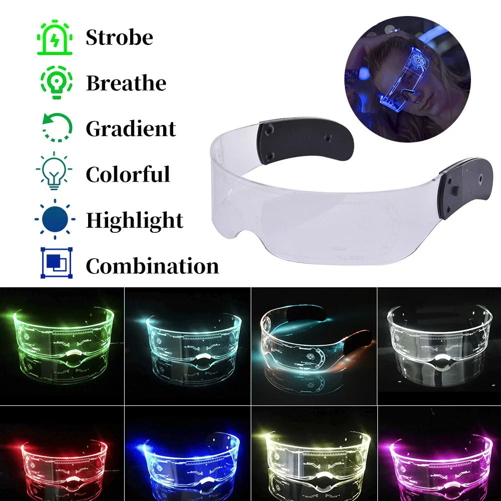Futuristic LED light-up visor with clear acrylic material, multiple color modes, and adjustable fit.