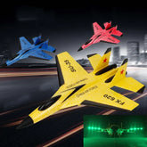 Colorful foam jet toy planes in blue, red, and yellow with LED lights, flying at night.