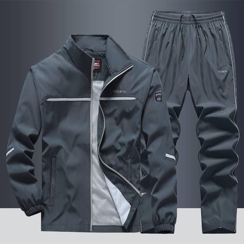 Men's grey tracksuit set with zip-up jacket and elastic waistband pants, lightweight material, sporty fit