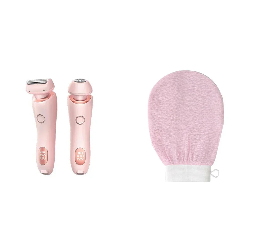 Pink electric shavers with ergonomic handles and a soft pink exfoliating mitt