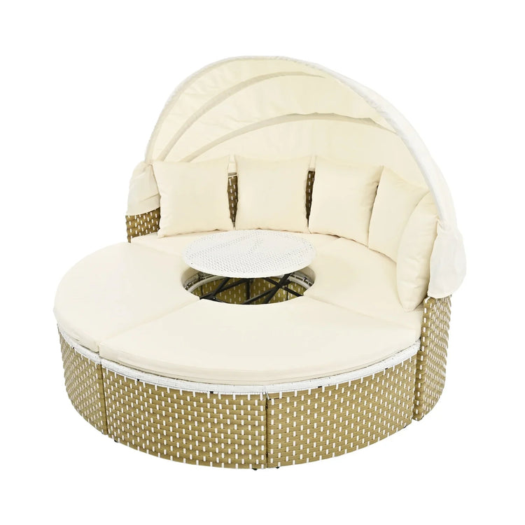 Round outdoor daybed with beige cushions, wicker frame, canopy, and central table