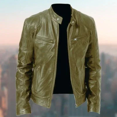 Brown leather biker jacket with zip pockets, slim fit, standing collar, city background