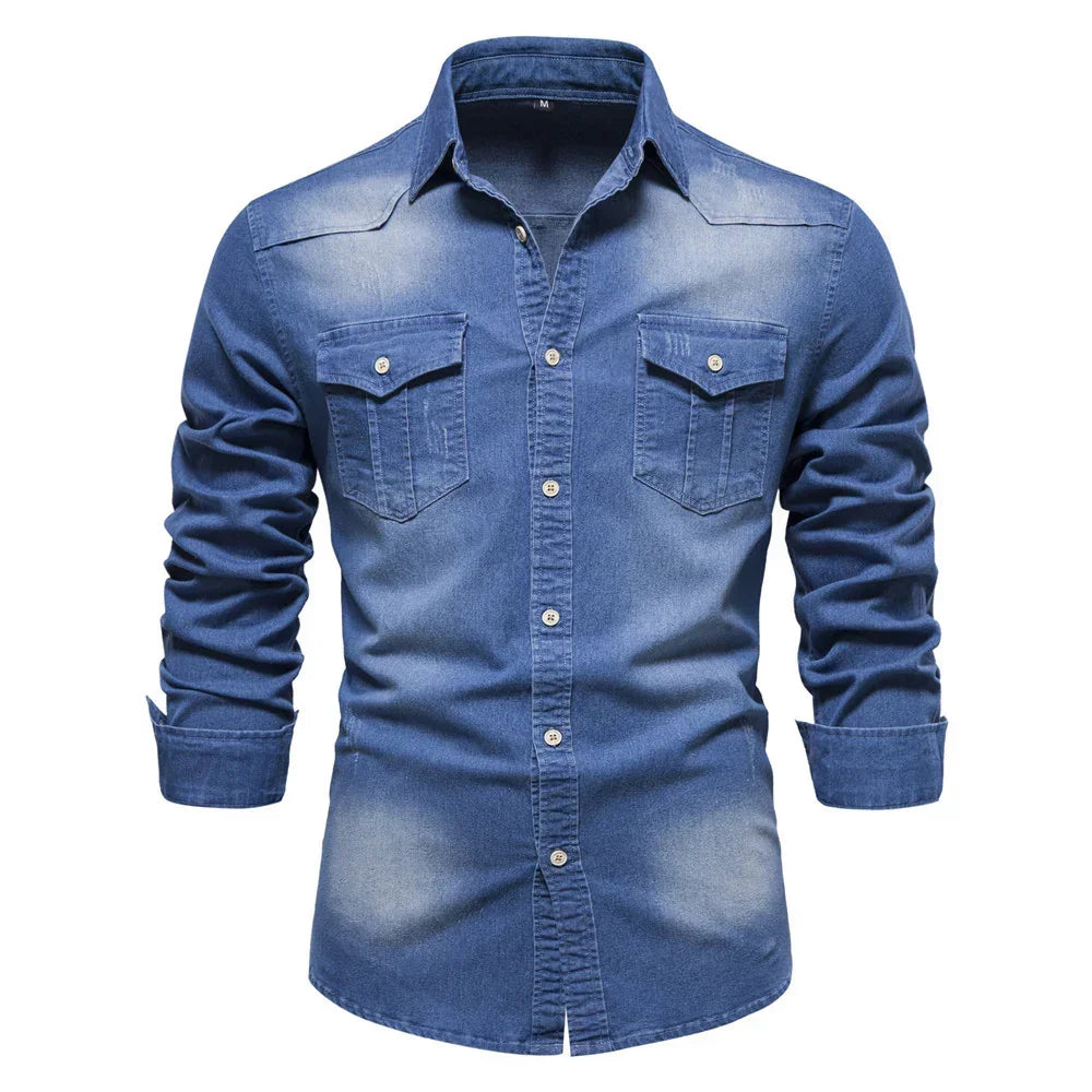 Men's slim-fit blue denim shirt with long sleeves and button-down front