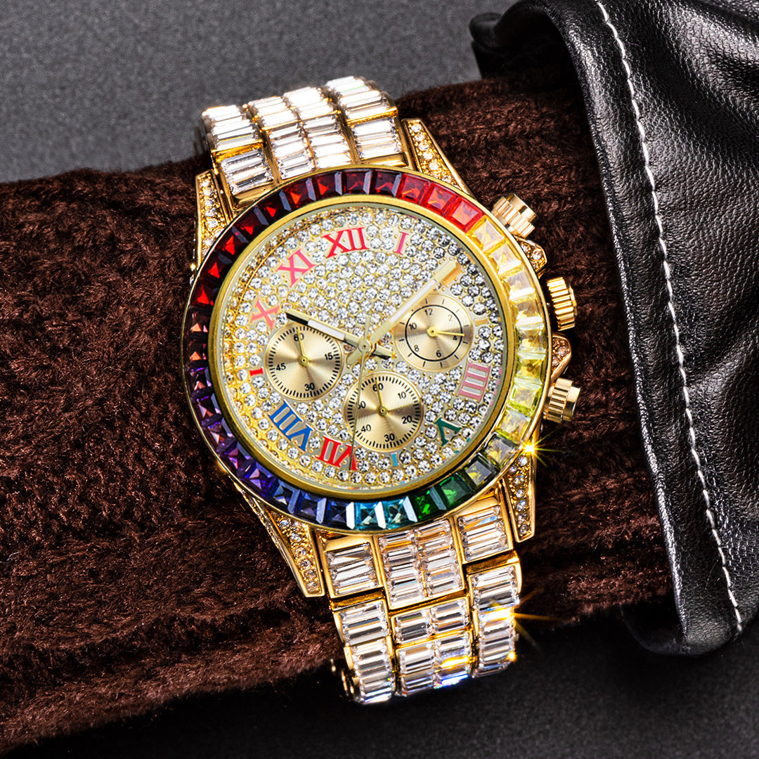Fashion Three Eyes Rainbow Diamond Daikin Watch Full Square Diamond British Men&