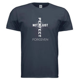 Dark navy short sleeve cotton t-shirt with white cross graphic and bold slogan print, regular fit