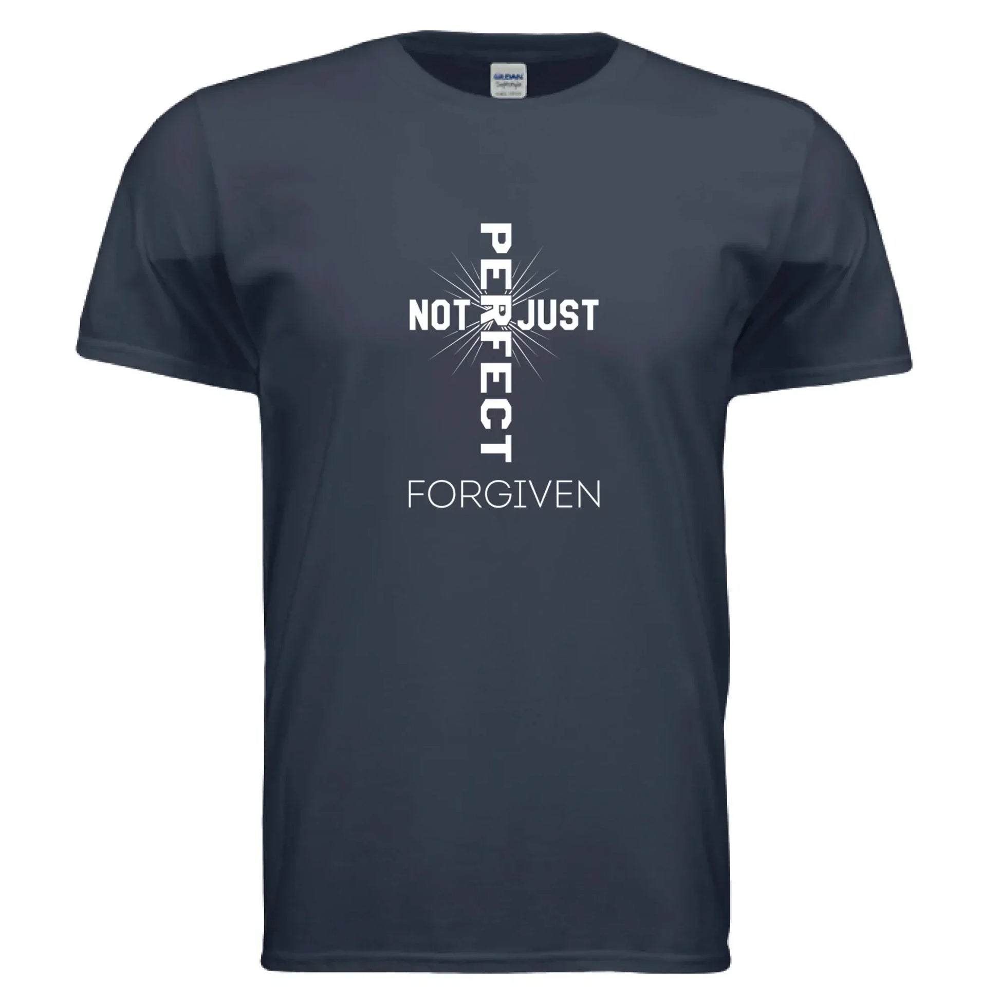 Dark navy short sleeve cotton t-shirt with white cross graphic and bold slogan print, regular fit