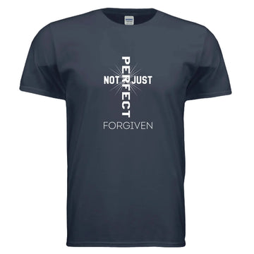 Dark navy short sleeve cotton t-shirt with white cross graphic and bold slogan print, regular fit
