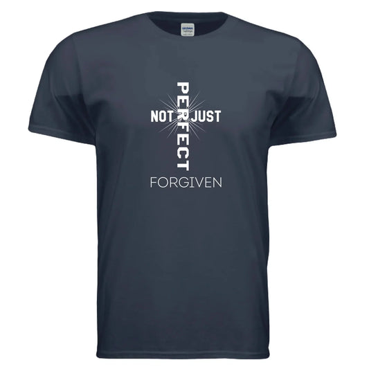 Dark navy short sleeve cotton t-shirt with white cross graphic and bold slogan print, regular fit