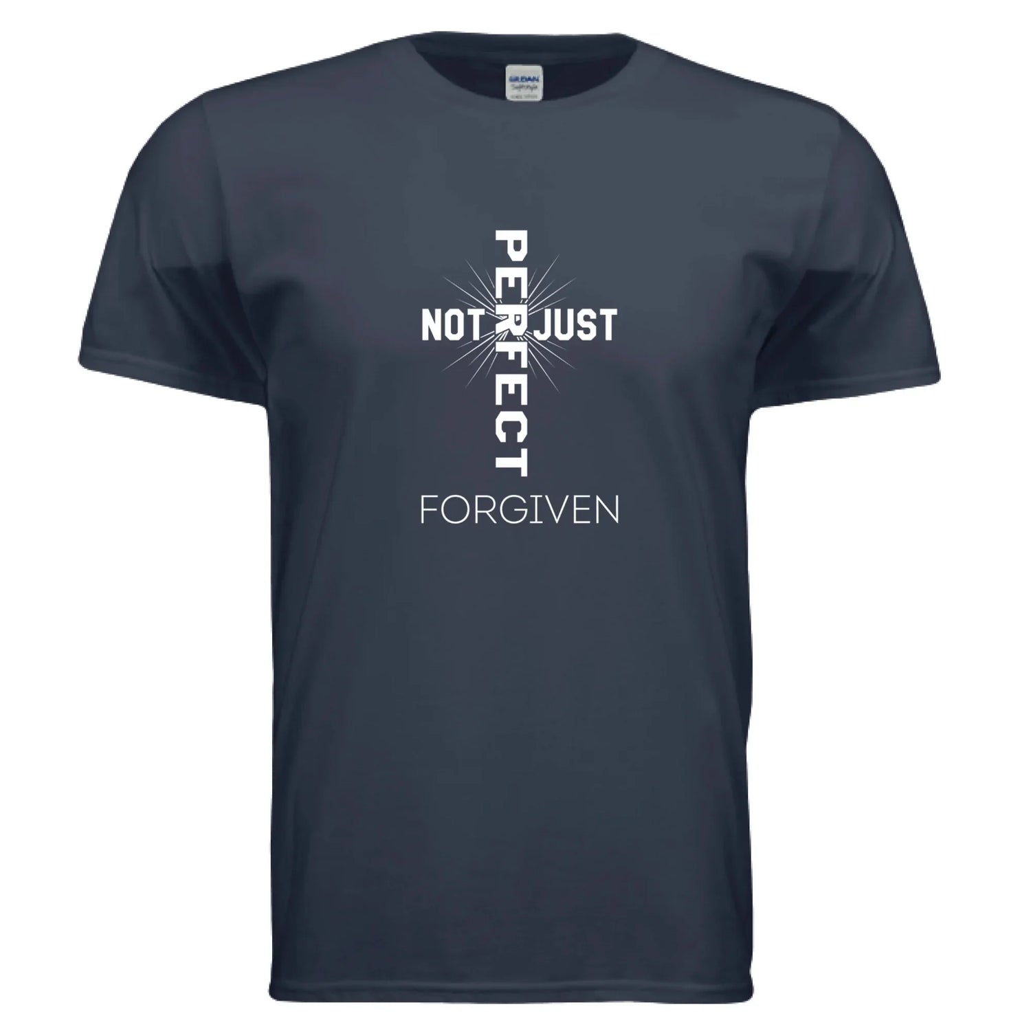 Navy blue short-sleeve t-shirt with bold white graphic text and relaxed fit, cotton material