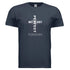 Navy blue short-sleeve t-shirt with bold white graphic text and relaxed fit, cotton material