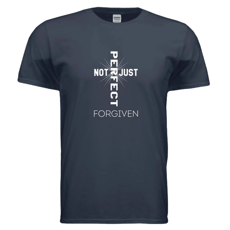 Navy blue short-sleeve t-shirt with bold white graphic text and relaxed fit, cotton material