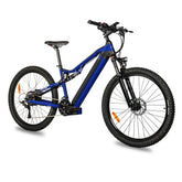 Electric mountain bike with blue and black frame, full suspension, and knobby tires