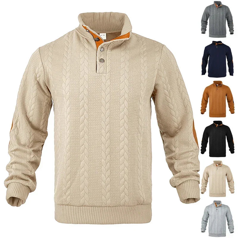 Men's cable knit pullover sweater with button collar, long sleeves, available in beige, gray, navy, brown, and black.