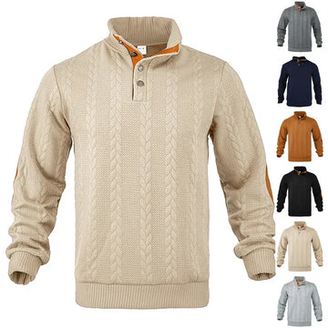Men's cable knit pullover sweater with button collar, long sleeves, available in beige, gray, navy, brown, and black.