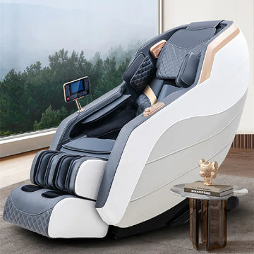 Modern white and gray leather massage chair with quilted detailing and a digital control panel