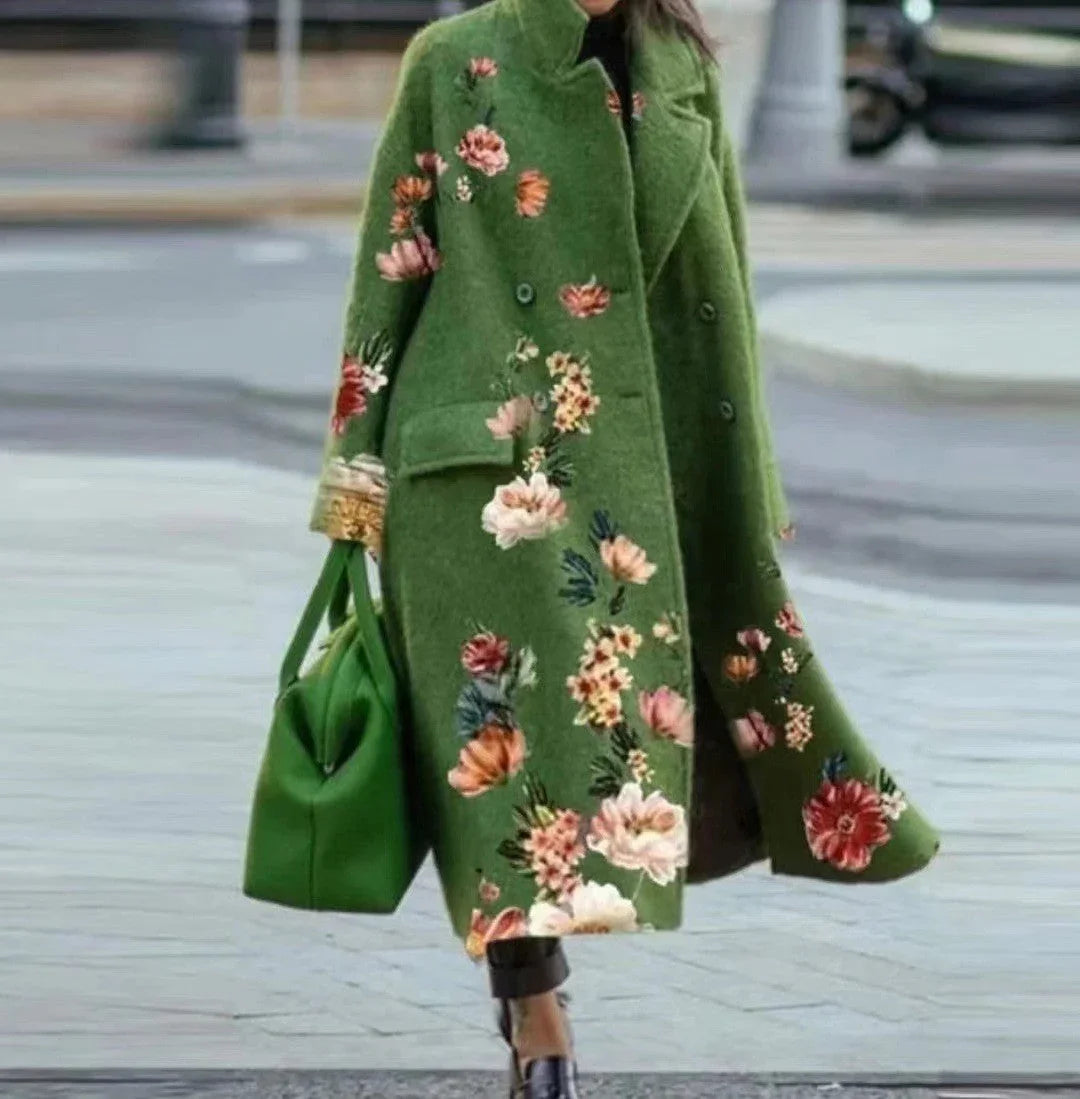 Green wool floral long coat with oversized fit, floral embroidery, and matching green bag