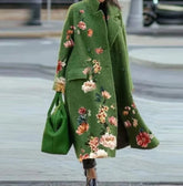 Green wool floral long coat with oversized fit, floral embroidery, and matching green bag