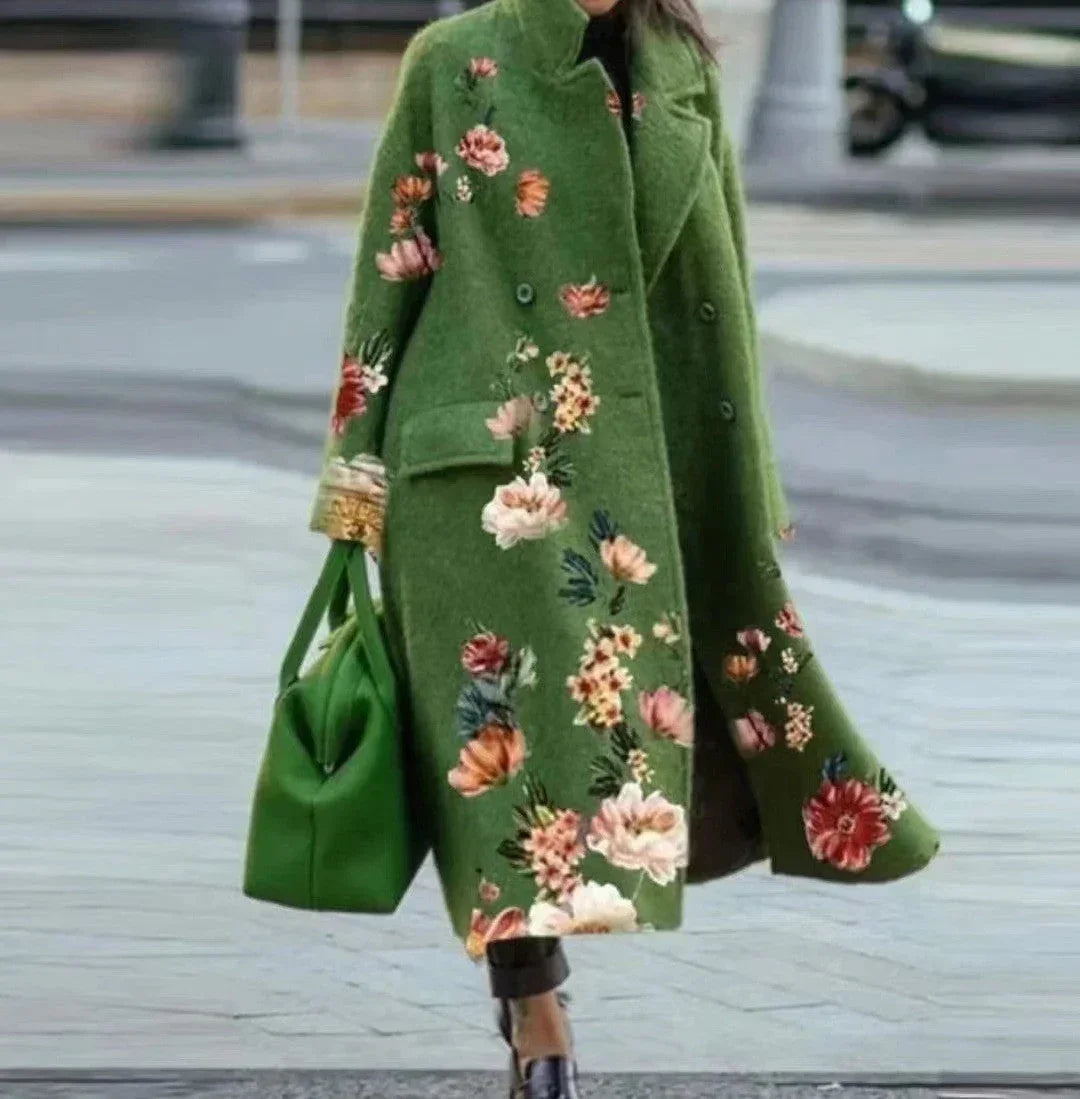 Green wool floral long coat with oversized fit, floral embroidery, and matching green bag