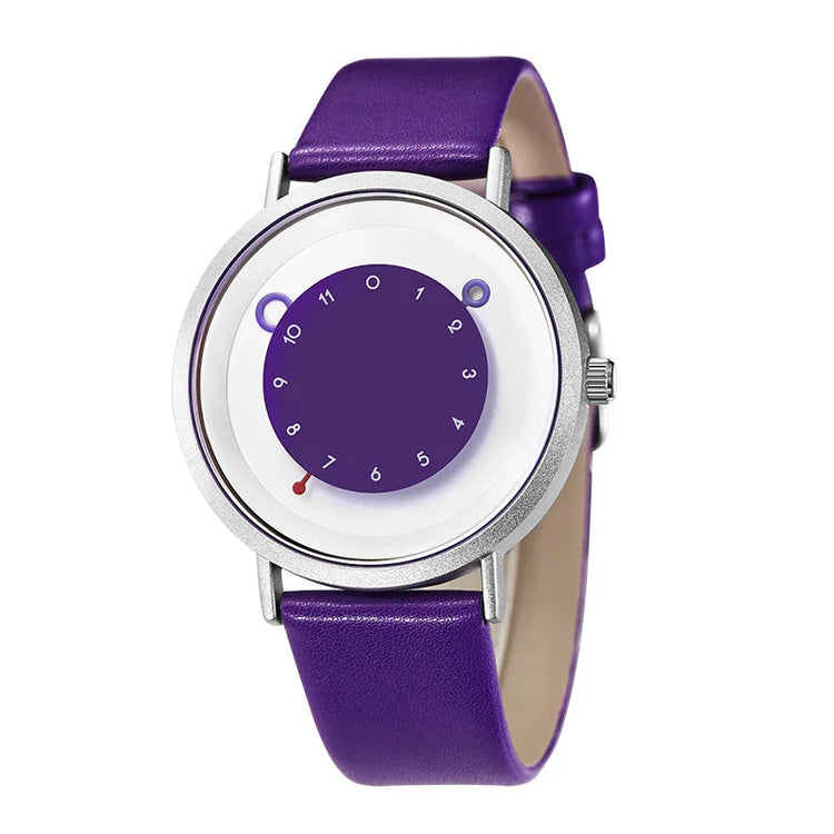 Modern watch with purple leather strap, minimalist silver case, unique circular face design