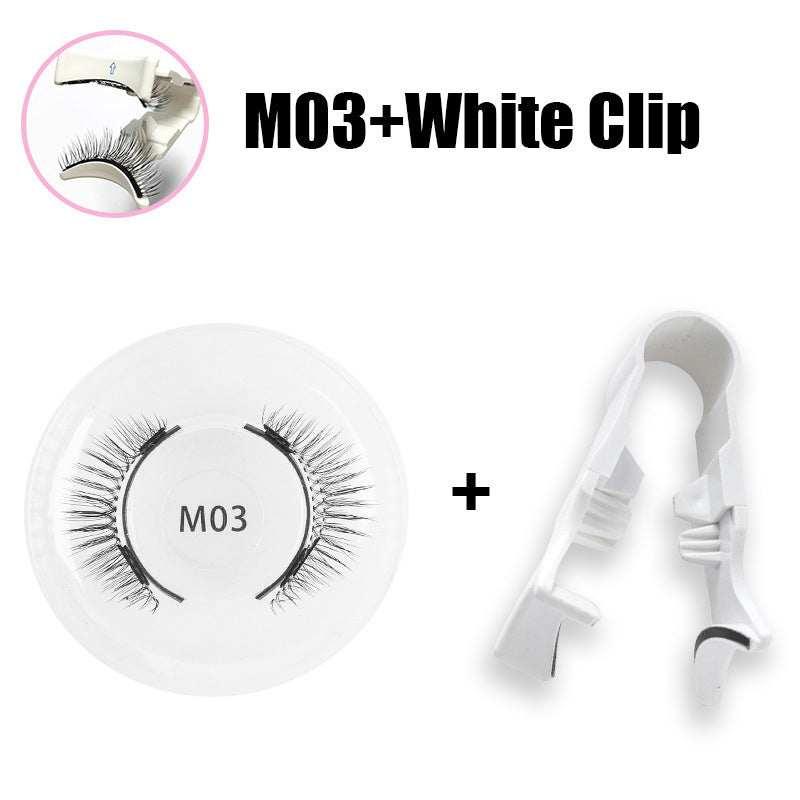 Reusable magnetic false eyelashes in a round case with white plastic applicator tool