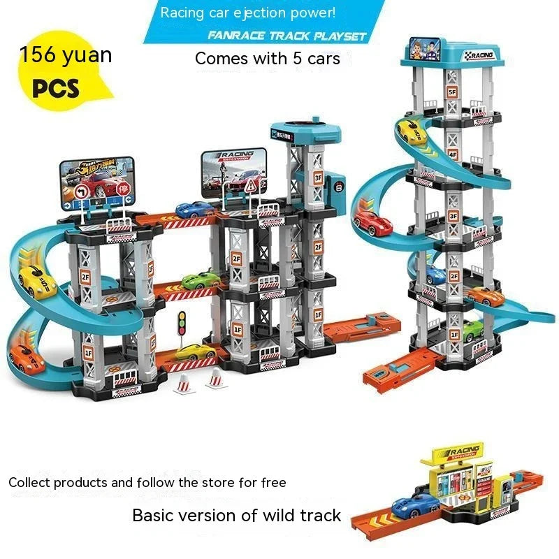 Colorful plastic multi-level toy car track playset with spiral ramps and five racing cars