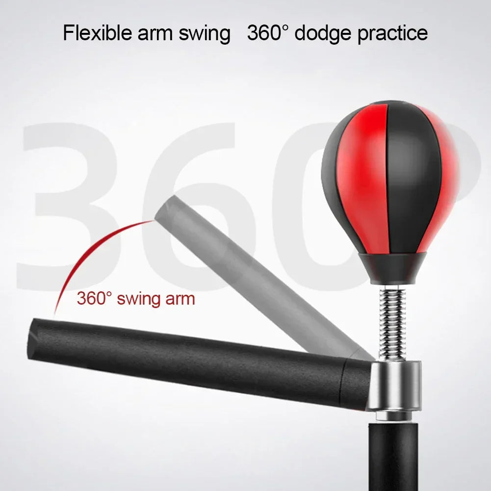Adjustable 360 degree boxing reflex trainer with red and black punching ball and swing arm