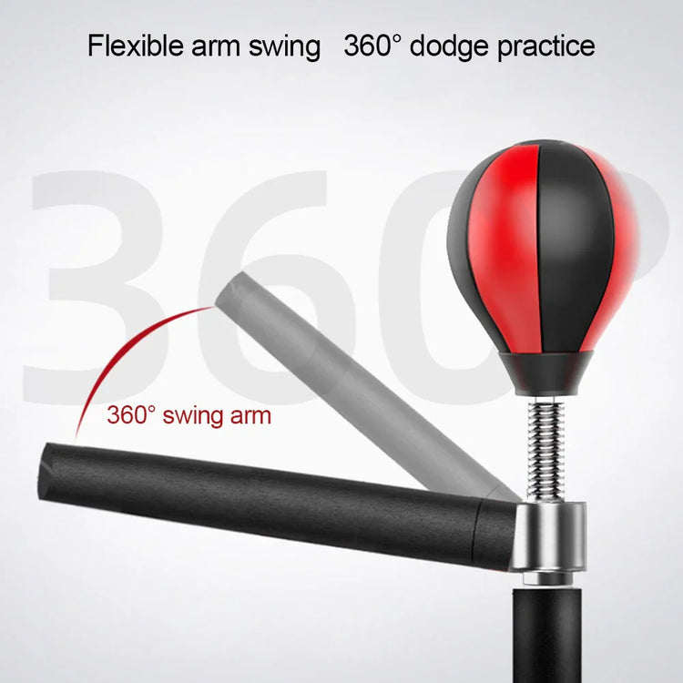 Adjustable 360 degree boxing reflex trainer with red and black punching ball and swing arm