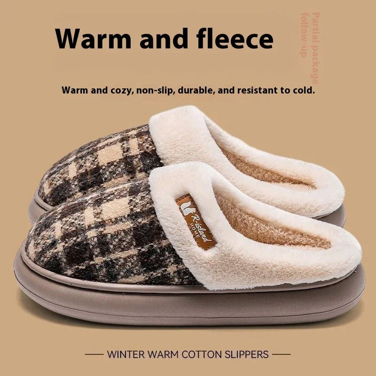 Plaid fleece-lined winter slippers with beige and brown colors, cozy cotton material, slip-on fit.