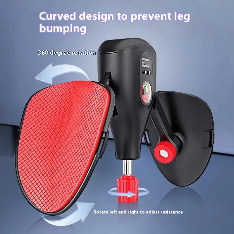 Black and red adjustable calf stretcher with curved anti-slip foot plates and resistance knob