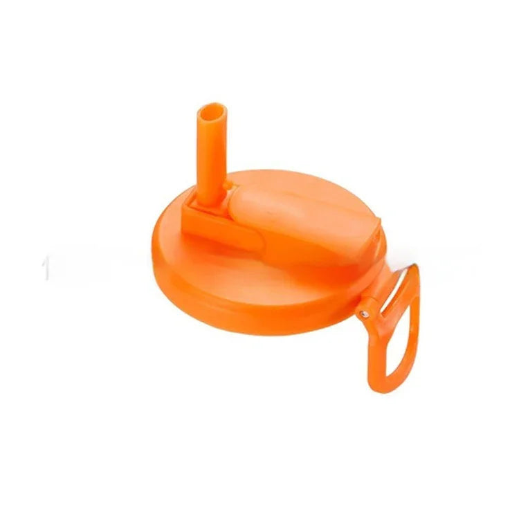 Bright orange plastic bottle cap lid with straw spout and handle, durable leak-proof design