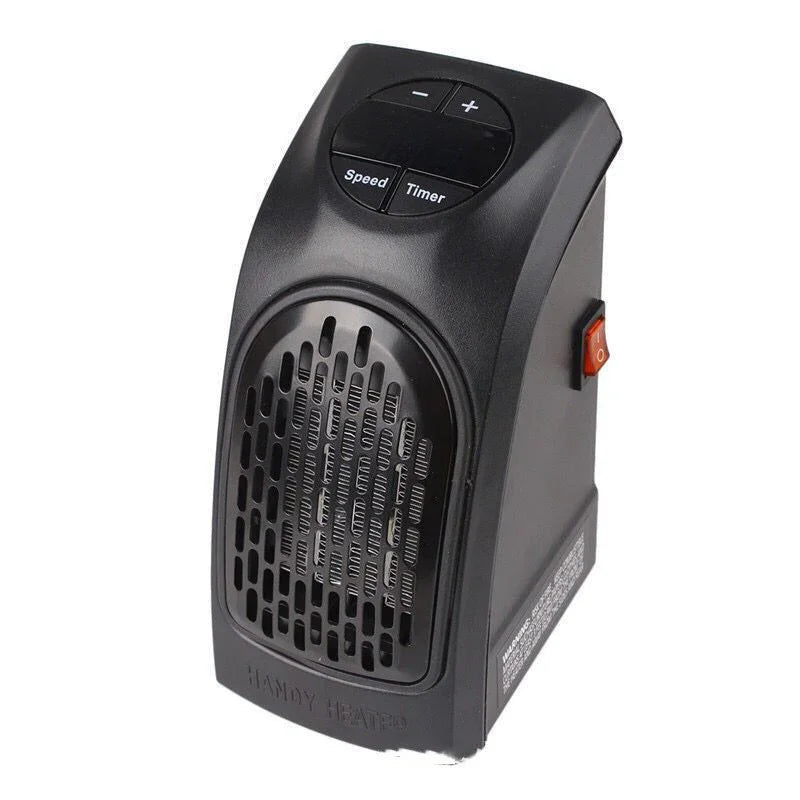 Black portable electric heater with adjustable speed and timer settings