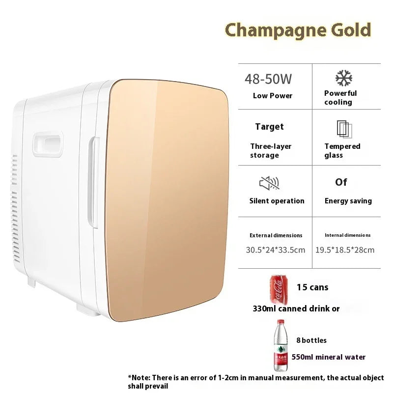 Champagne gold mini fridge with tempered glass door, three-layer storage, compact design