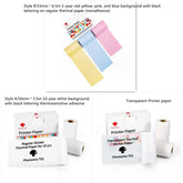 Assorted thermal printer paper rolls in yellow, pink, blue, white, and transparent styles, shown with packaging.