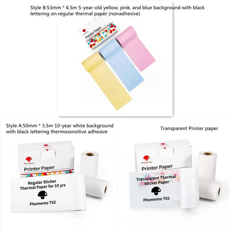 Assorted thermal printer paper rolls in yellow, pink, blue, white, and transparent styles, shown with packaging.