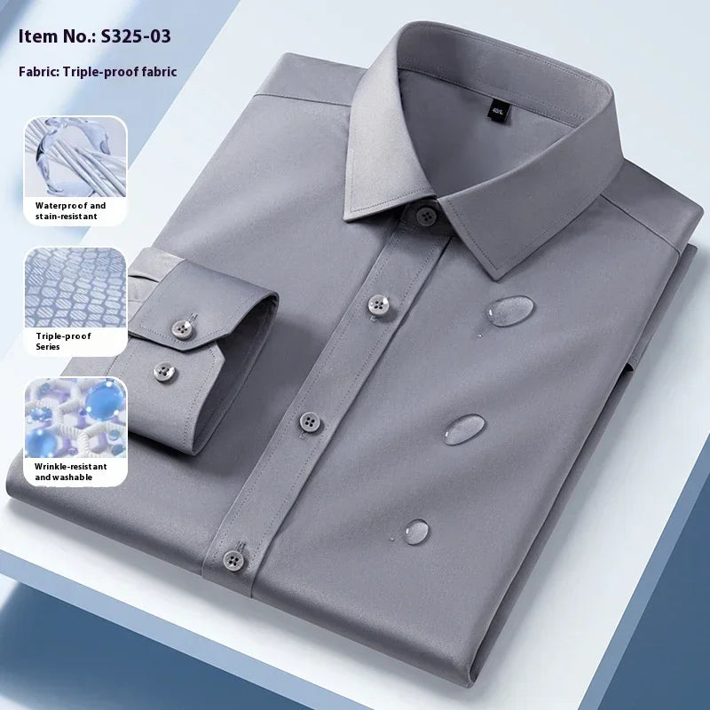 Folded grey button-up shirt made of waterproof, wrinkle-resistant, stain-resistant fabric.
