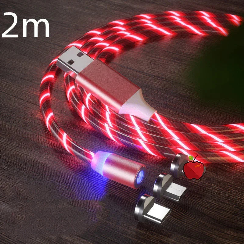 Red LED magnetic charging cable, 2m, with USB and three connector tips on wood surface
