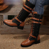 Brown and black knee-high lace-up boots with denim and leather look, rugged sole, fitted style
