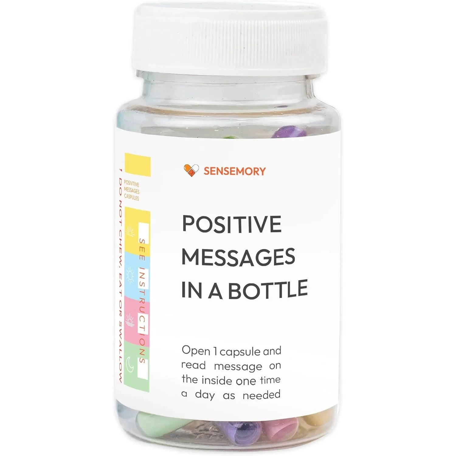 Clear plastic bottle containing assorted pastel paper capsules with positive messages label.