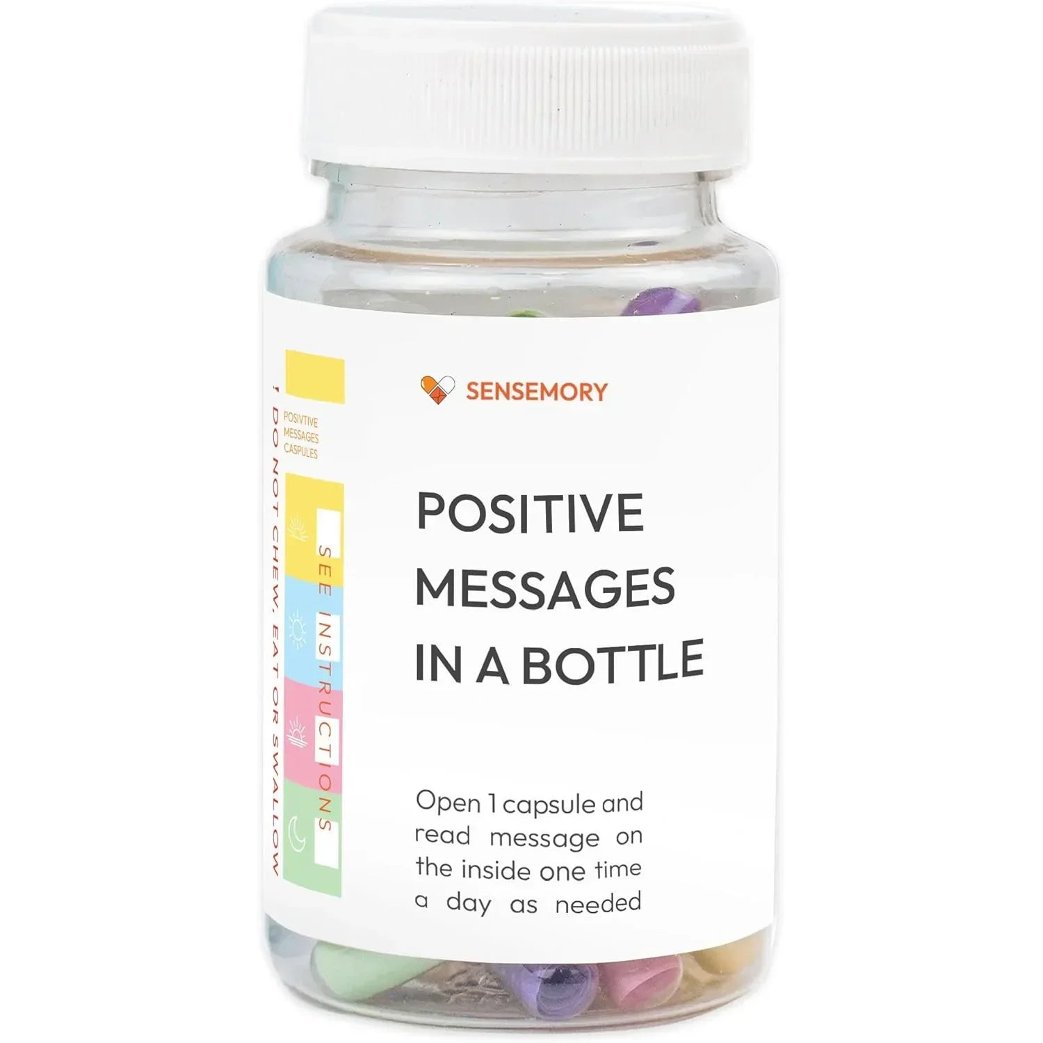 Clear plastic bottle containing assorted pastel paper capsules with positive messages label.