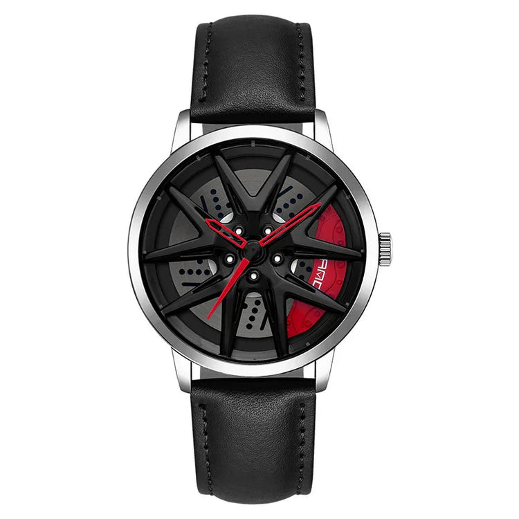 Futuristic black leather wristwatch with silver case, red accents, and unique dial design.